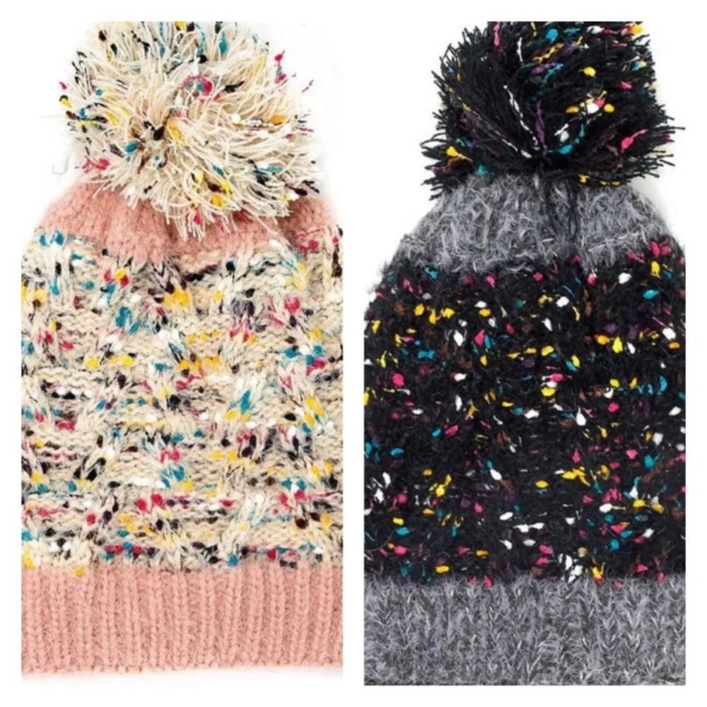Confetti Beanie | Hat with Pom Pom | White | Pink | Multi-color - Picture 3 of 9